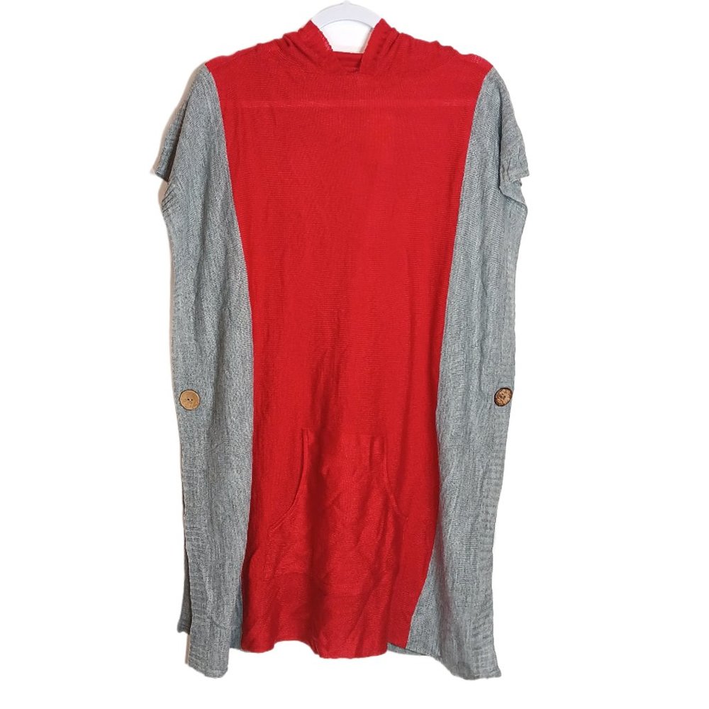 New Fanfare Hooded Poncho Lightweight Knit Sweater Red Gray Size Large